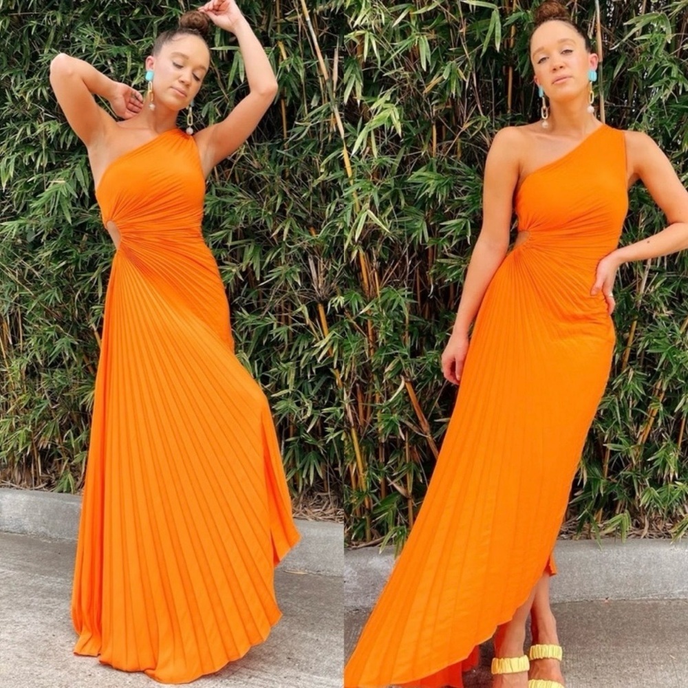 A. L.C Delfina Cut Out One Shoulder In Citrus Orange Asymmetrical Midi Dress Sz4 - Picture 9 of 9